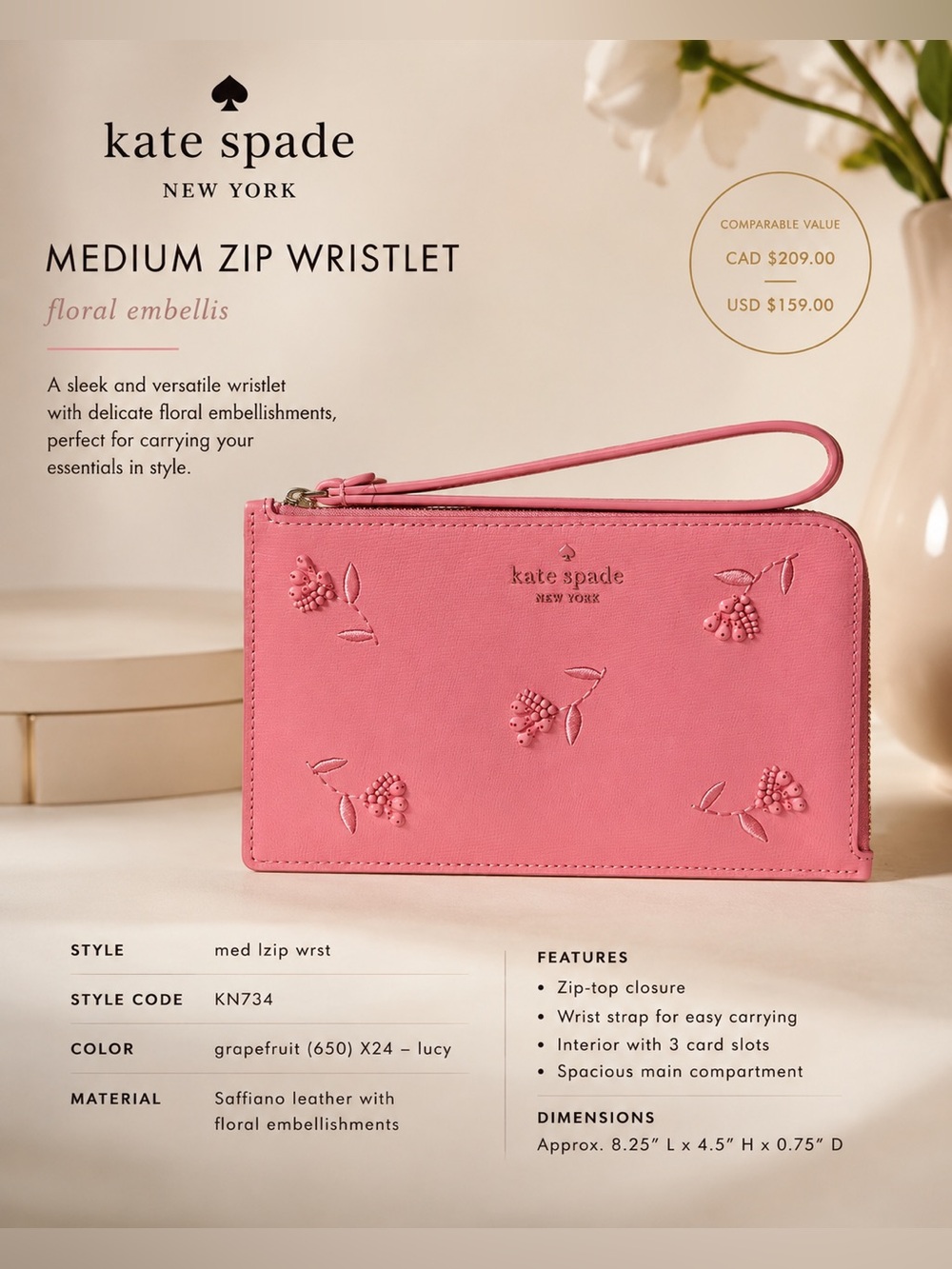 🌸 NWT Kate Spade New York Medium Zip Wristlet 🌸
